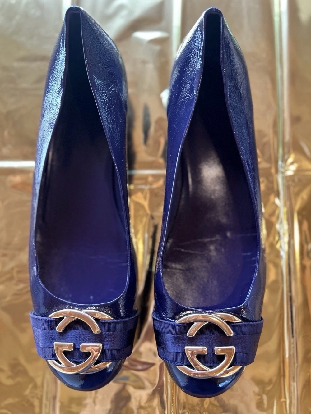 Gucci Dark Purple Patent Leather Flats with Gold Double-G Trim Size 41
